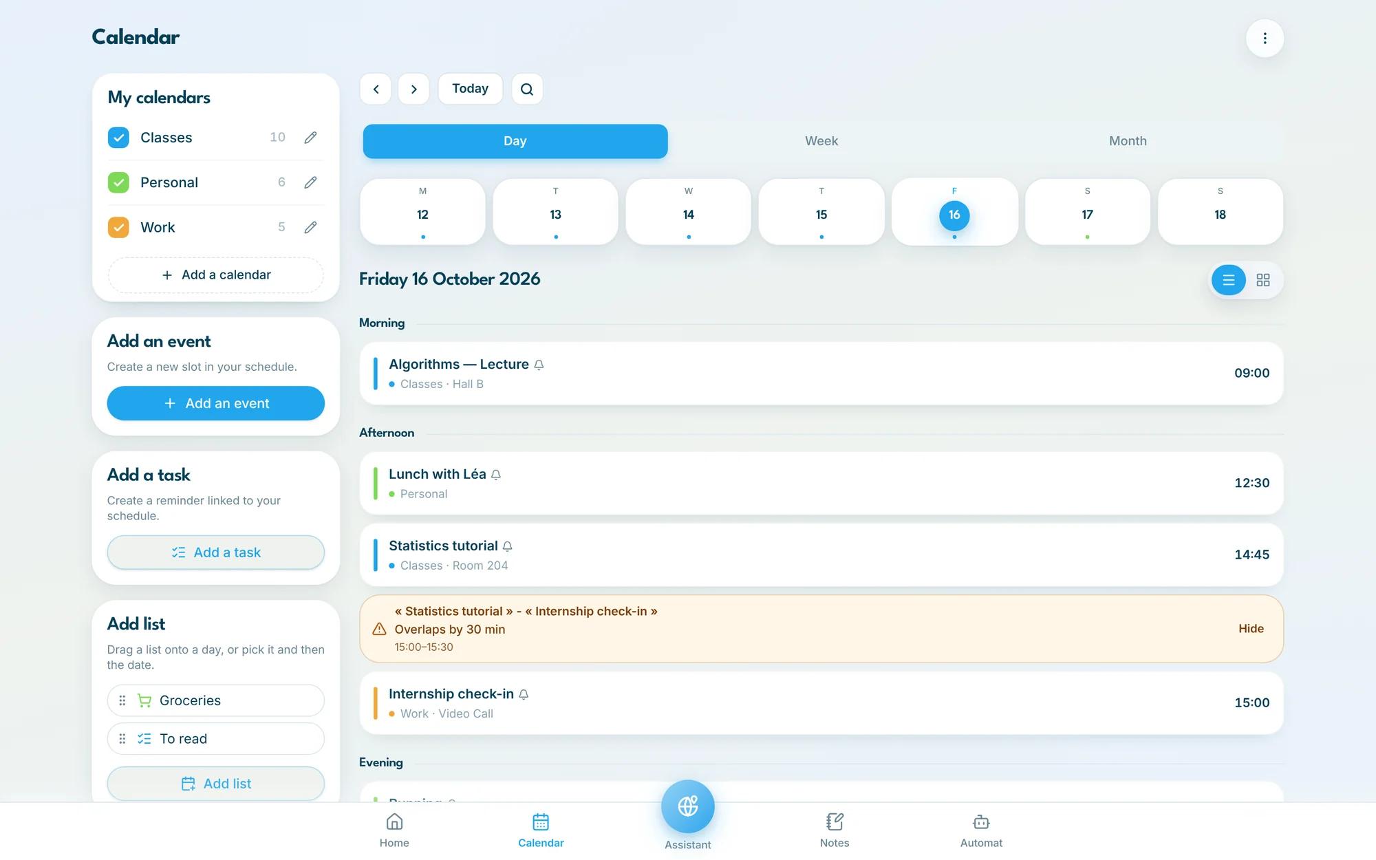 InGest calendar on desktop, day view with an overlap alert