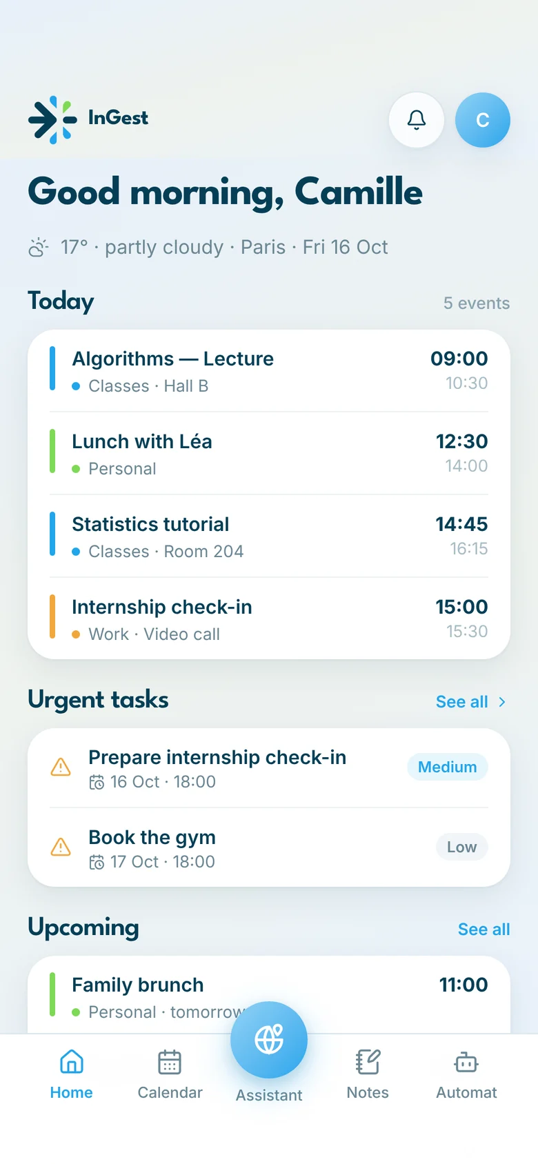 InGest home screen on iPhone: today's events, urgent tasks and upcoming items